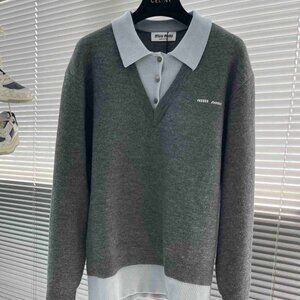Miu Miu Gray and Light Blue Crew Neck Sweater